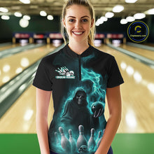 Load image into Gallery viewer, Custom Turquoise Blue Flame Grim Reaper Bowling Women Quarter-Zip Shirt, Halloween Outfit IPHW9736