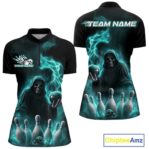 Custom Turquoise Blue Flame Grim Reaper Bowling Women Quarter-Zip Shirt, Halloween Outfit IPHW9736