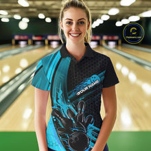 Load image into Gallery viewer, Custom Black And Blue Flame Bowling Jerseys, Bowling Team Polo Shirts For Women IPHW9885