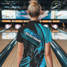 Load image into Gallery viewer, Custom Black And Blue Flame Bowling Jerseys, Bowling Team Polo Shirts For Women IPHW9885