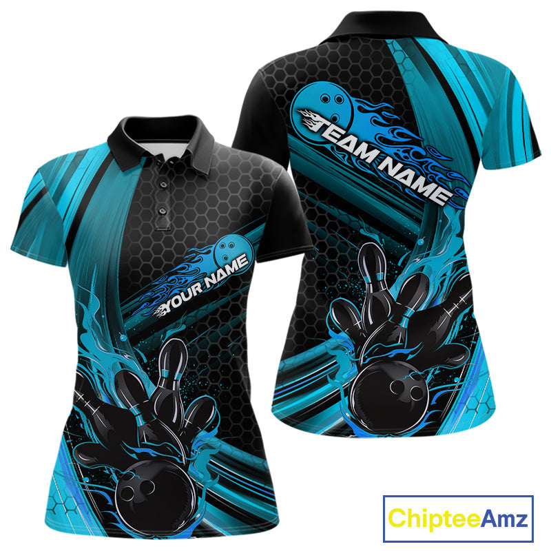 Custom Black And Blue Flame Bowling Jerseys, Bowling Team Polo Shirts For Women IPHW9885