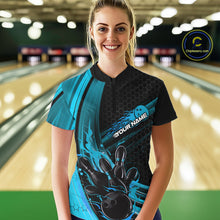 Load image into Gallery viewer, Custom Black And Blue Flame Bowling Jerseys, Bowling Team Quarter-Zip Shirts For Women IPHW9885
