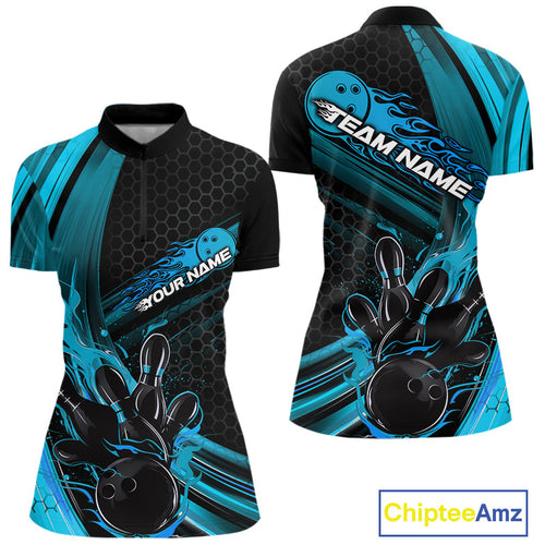 Custom Black And Blue Flame Bowling Jerseys, Bowling Team Quarter-Zip Shirts For Women IPHW9885