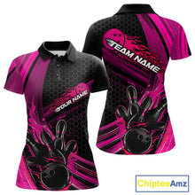 Load image into Gallery viewer, Custom Black And Pink Flame Bowling Jerseys, Bowling Team Polo Shirts For Women IPHW9886