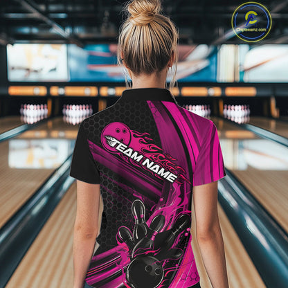 Custom Black And Pink Flame Bowling Jerseys, Bowling Team Quarter-Zip Shirts For Women IPHW9886