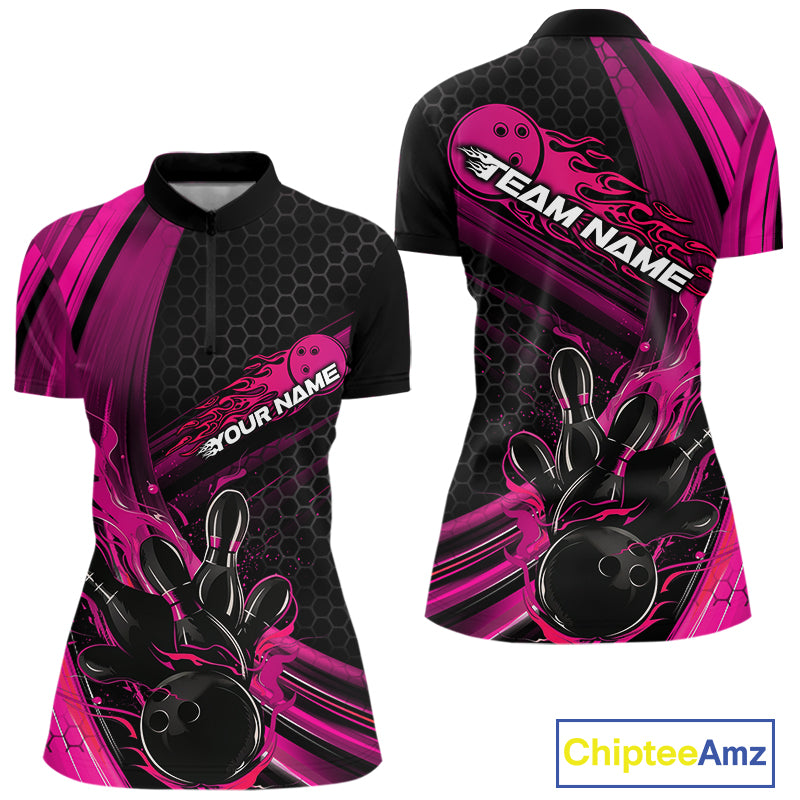 Custom Black And Pink Flame Bowling Jerseys, Bowling Team Quarter-Zip Shirts For Women IPHW9886