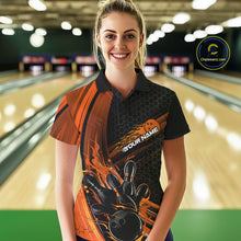 Load image into Gallery viewer, Custom Black And Orange Flame Bowling Jerseys, Bowling Team Polo Shirts For Women IPHW9887