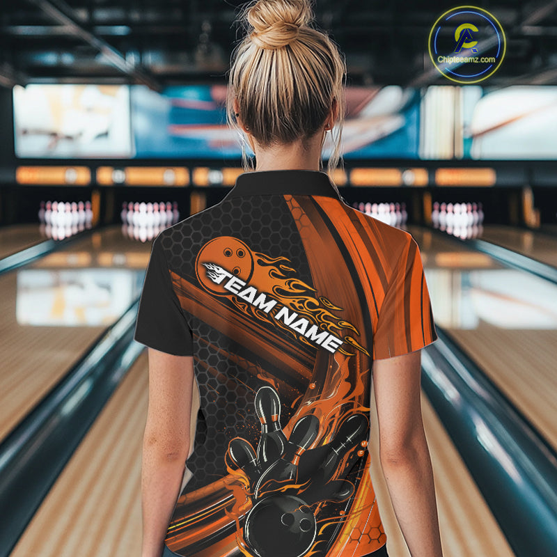 Custom Black And Orange Flame Bowling Jerseys, Bowling Team Polo Shirts For Women IPHW9887