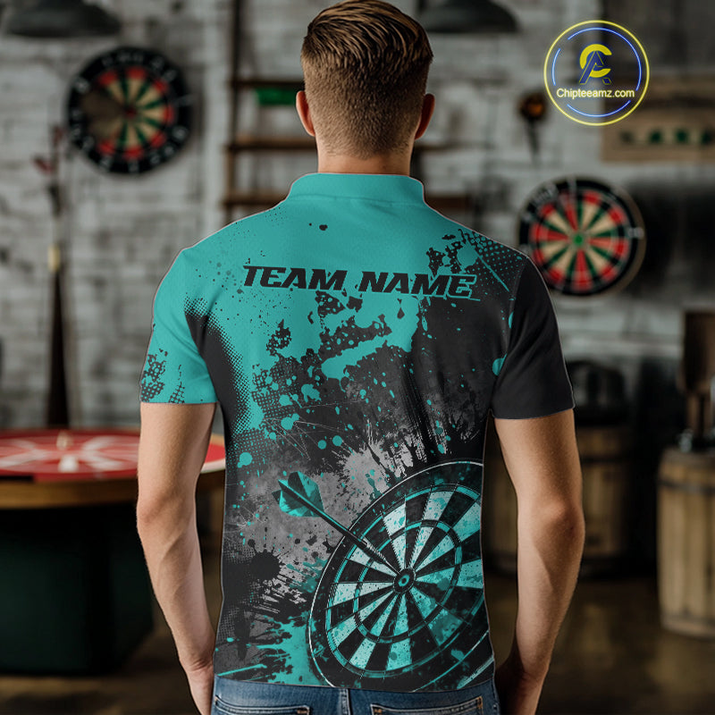 Custom Black And Blue-Green Splatter Dart Men Polo Shirt, Grunge Style Dart Team Jerseys IPHW10055