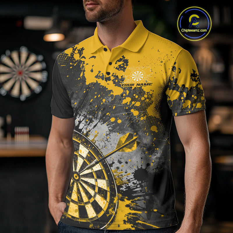 Custom Black And Yellow Splatter Dart Men Polo Shirt, Grunge Style Dart Team Jerseys IPHW10056