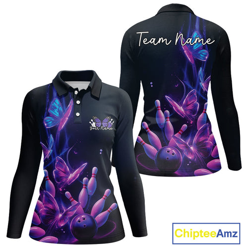 Custom Blue And Purple Butterfly Women Bowling Team Shirts, Ladies Bowling League Shirt IPHW10155