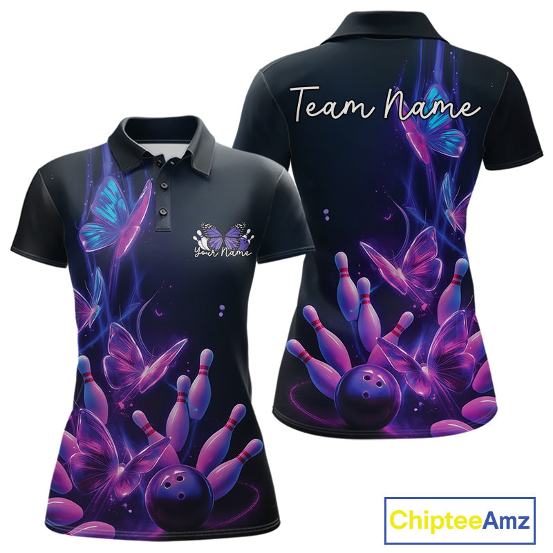 Custom Blue And Purple Butterfly Women Bowling Team Shirts, Ladies Bowling League Shirt IPHW10155