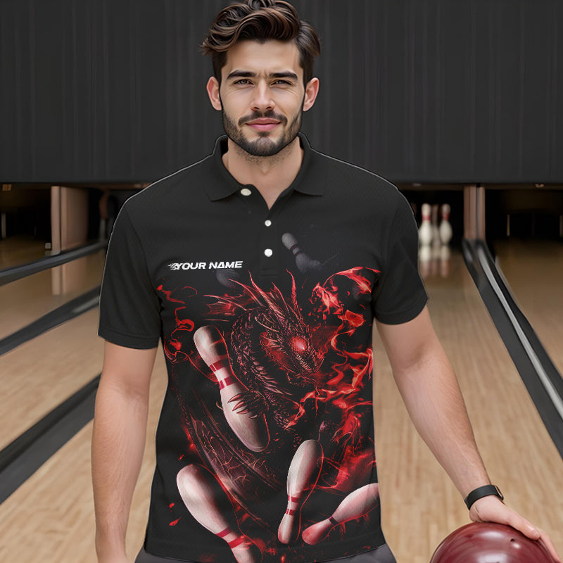 Custom Black And Red Flame Dragon Bowling Polo Shirts For Men, Bowling Tournament Team Shirt IPHW8415