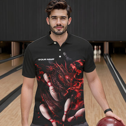 Custom Black And Red Flame Dragon Bowling Polo Shirts For Men, Bowling Tournament Team Shirt IPHW8415