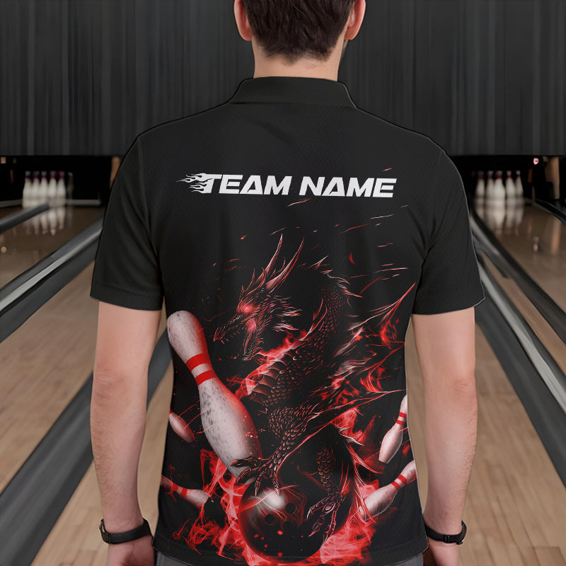 Custom Black And Red Flame Dragon Bowling Polo Shirts For Men, Bowling Tournament Team Shirt IPHW8415