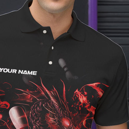 Custom Black And Red Flame Dragon Bowling Polo Shirts For Men, Bowling Tournament Team Shirt IPHW8415