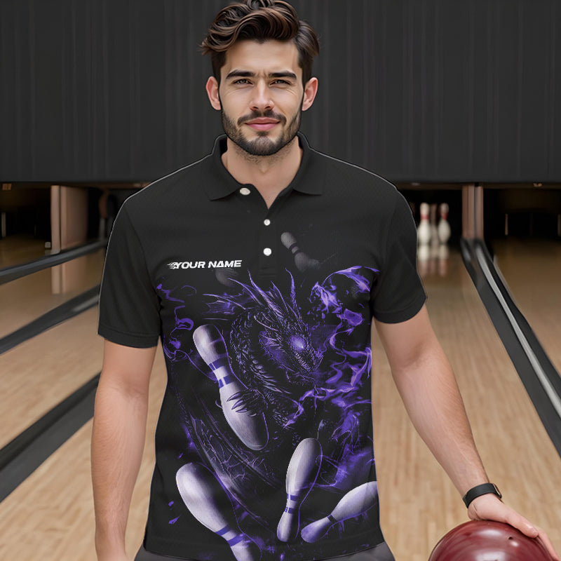 Custom Black And Purple Flame Dragon Bowling Polo Shirts For Men, Bowling Tournament Team Shirt IPHW8416