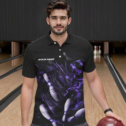 Custom Black And Purple Flame Dragon Bowling Polo Shirts For Men, Bowling Tournament Team Shirt IPHW8416