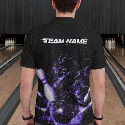 Custom Black And Purple Flame Dragon Bowling Polo Shirts For Men, Bowling Tournament Team Shirt IPHW8416