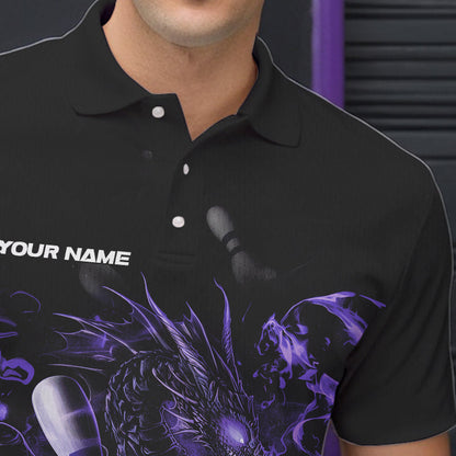 Custom Black And Purple Flame Dragon Bowling Polo Shirts For Men, Bowling Tournament Team Shirt IPHW8416