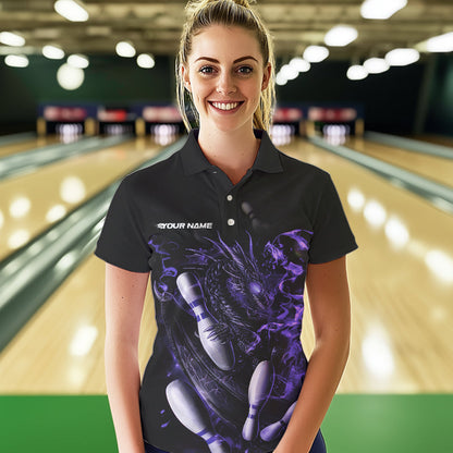 Custom Black And Purple Flame Dragon Womens Bowling Polo Shirts, Bowling Tournament Shirt IPHW8416
