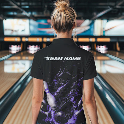 Custom Black And Purple Flame Dragon Womens Bowling Polo Shirts, Bowling Tournament Shirt IPHW8416