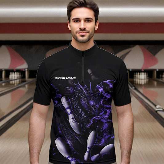 Custom Black And Purple Flame Dragon Bowling Quarter-Zip Shirts For Men, Bowling Team Shirt IPHW8416