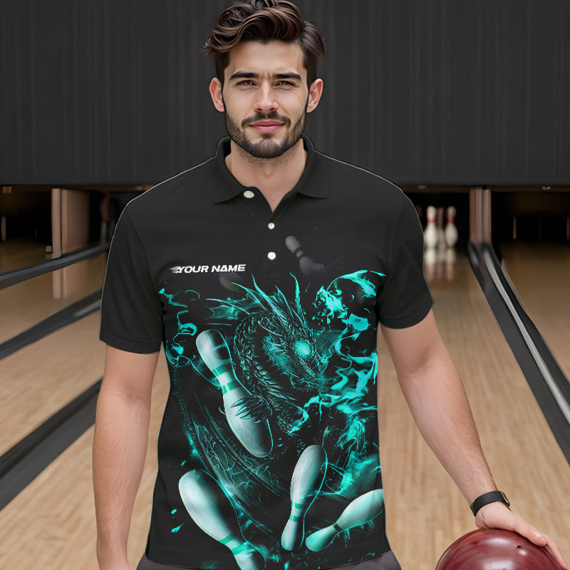 Custom Black And Blue Flame Dragon Bowling Polo Shirts For Men, Bowling Tournament Team Shirt IPHW8417
