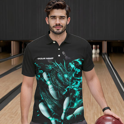 Custom Black And Blue Flame Dragon Bowling Polo Shirts For Men, Bowling Tournament Team Shirt IPHW8417