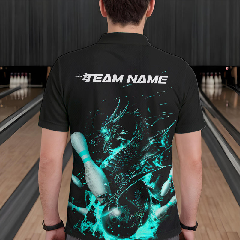 Custom Black And Blue Flame Dragon Bowling Polo Shirts For Men, Bowling Tournament Team Shirt IPHW8417