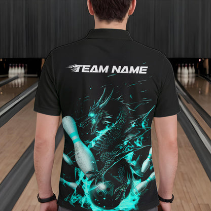 Custom Black And Blue Flame Dragon Bowling Polo Shirts For Men, Bowling Tournament Team Shirt IPHW8417