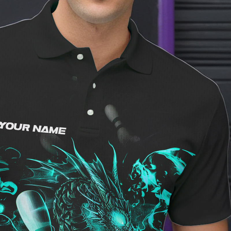 Custom Black And Blue Flame Dragon Bowling Polo Shirts For Men, Bowling Tournament Team Shirt IPHW8417