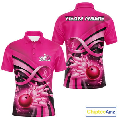 Front and back view of a mens bowling polo shirt mockup in pink, featuring breast cancer awareness ribbons, butterflies, and bowling-themed artwork.