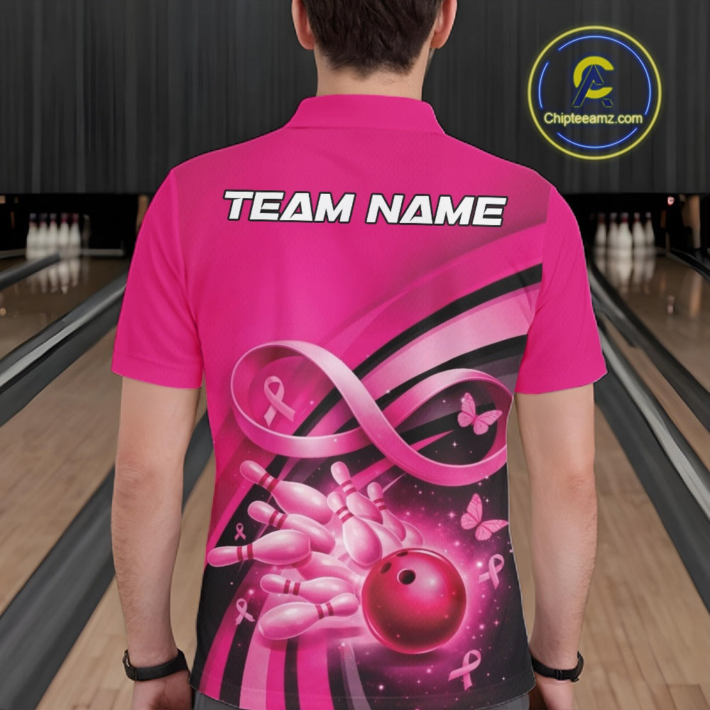 Back view of a male model in a bowling venue wearing a pink polo shirt, showcasing pink ribbon accents, butterflies, and bowling action graphics.