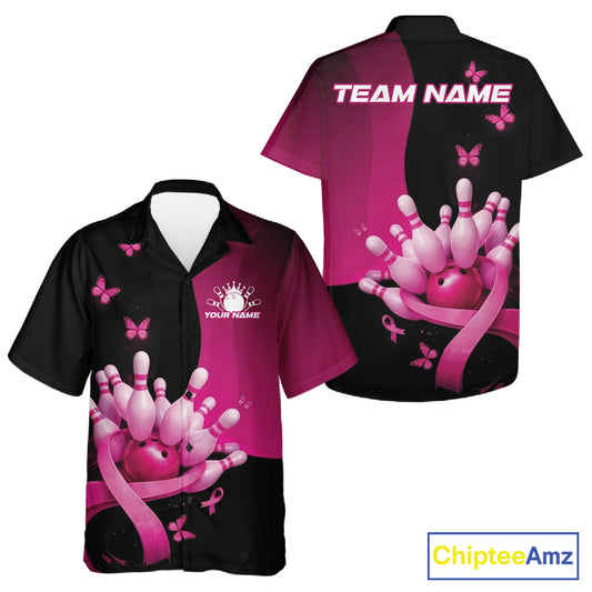Front and back view of a mens bowling button-up shirt mockup in black and pink, featuring breast cancer awareness ribbons, butterflies, and bowling-themed graphics.