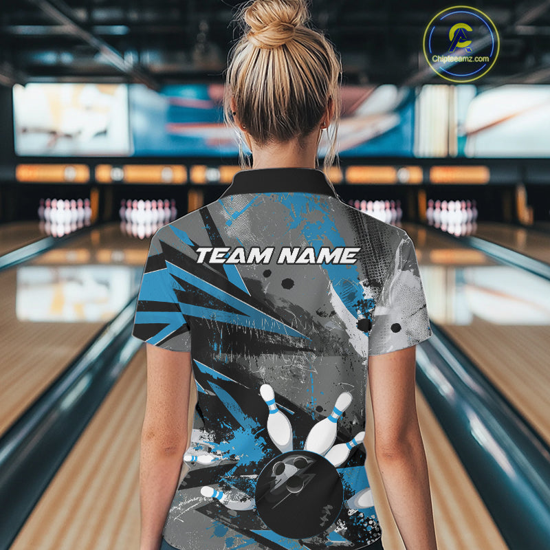 Custom Grunge Blue Bowling Polo Shirts For Women, Vintage Bowling Team Shirts IPHW9512