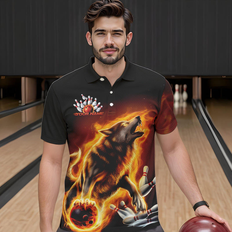 Custom Fire Flaming Wolf Bowling Polo Shirts For Men, Wolf Bowling Tournament Shirt IPHW8427
