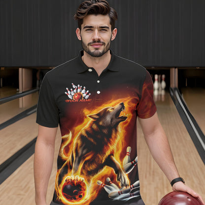 Custom Fire Flaming Wolf Bowling Polo Shirts For Men, Wolf Bowling Tournament Shirt IPHW8427