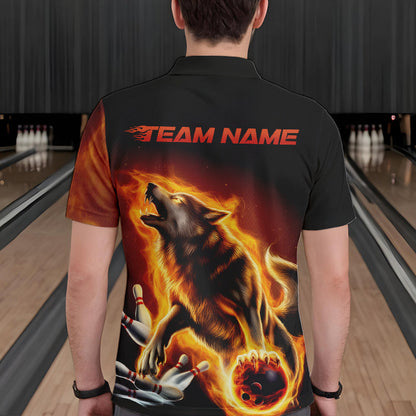 Custom Fire Flaming Wolf Bowling Polo Shirts For Men, Wolf Bowling Tournament Shirt IPHW8427