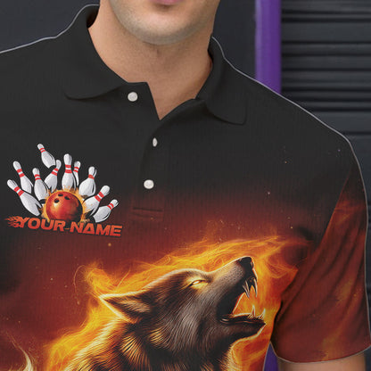 Custom Fire Flaming Wolf Bowling Polo Shirts For Men, Wolf Bowling Tournament Shirt IPHW8427