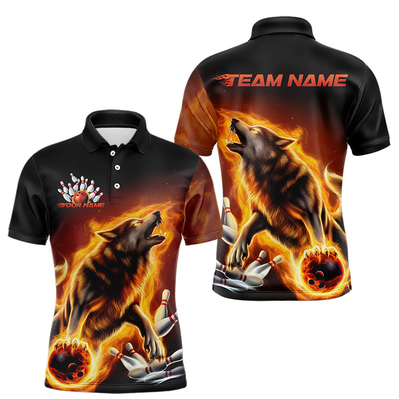 Custom Fire Flaming Wolf Bowling Polo Shirts For Men, Wolf Bowling Tournament Shirt IPHW8427