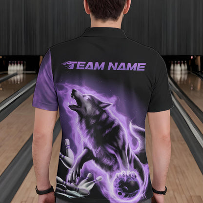 Custom Purple Fire Flaming Wolf Bowling Polo Shirts For Men, Wolf Bowling Tournament Shirt IPHW8428
