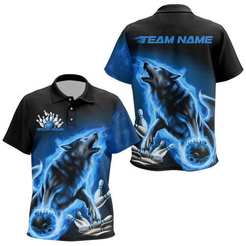 Custom Blue Fire Flaming Wolf Bowling Polo Shirts For Kid, Wolf Bowling Tournament Shirt IPHW8429