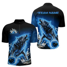 Load image into Gallery viewer, Custom Blue Fire Flaming Wolf Bowling Quarter-Zip Shirts For Men, Wolf Bowling Tournament Shirt IPHW8429