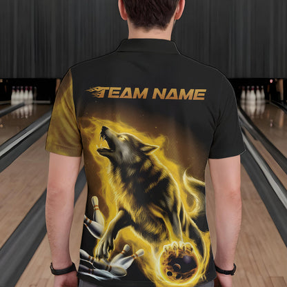 Custom Yellow Fire Flaming Wolf Bowling Polo Shirts For Men, Wolf Bowling Tournament Shirt IPHW8430