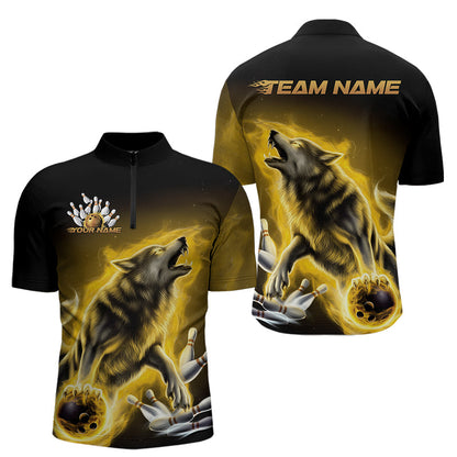 Custom Yellow Fire Flaming Wolf Bowling Quarter-Zip Shirts For Men, Wolf Bowling Tournament Shirt IPHW8430