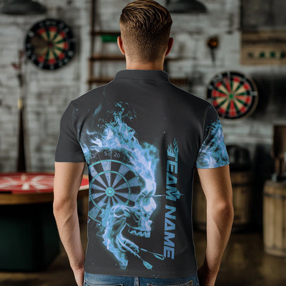 Custom Black And Blue Flame Skull Dart Men Polo Shirts, Halloween Dart Team Outfit IPHW8435