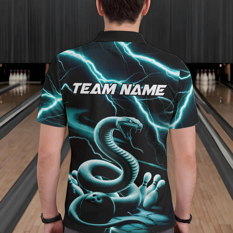 Custom Black And Blue Thunder Lightning Snake Bowling Polo Shirts For Men, Team Outfits IPHW8647