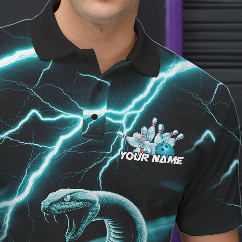Custom Black And Blue Thunder Lightning Snake Bowling Polo Shirts For Men, Team Outfits IPHW8647