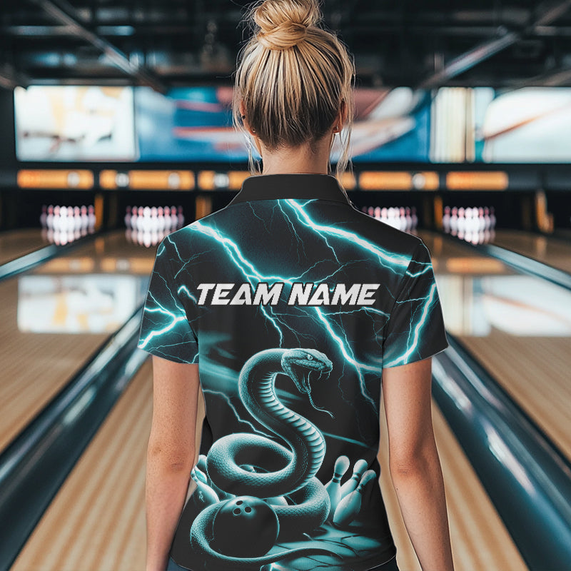 Custom Black And Blue Thunder Lightning Snake Bowling Polo Shirts For Women, Team Outfits IPHW8647